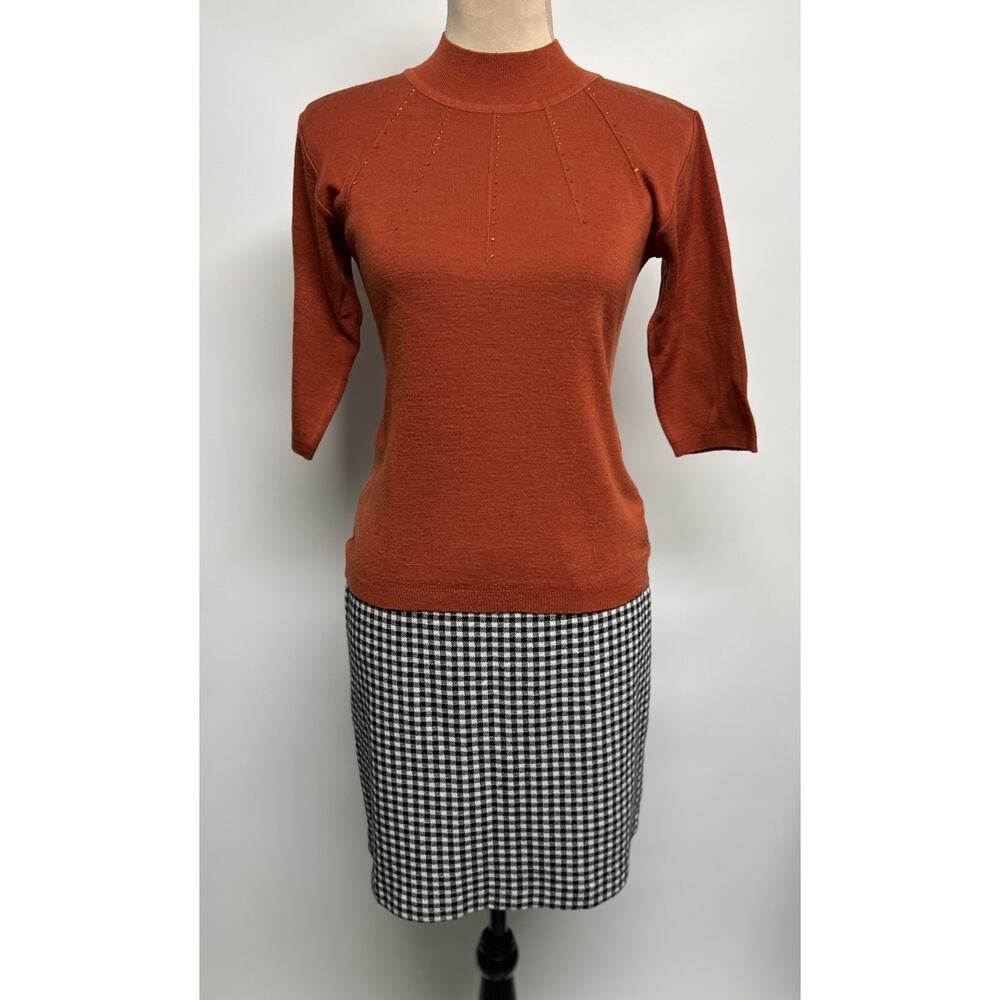 Vintage Mock Neck Sweater Womens Medium Rust Orange Rhinestones‎ Groovy Hippie